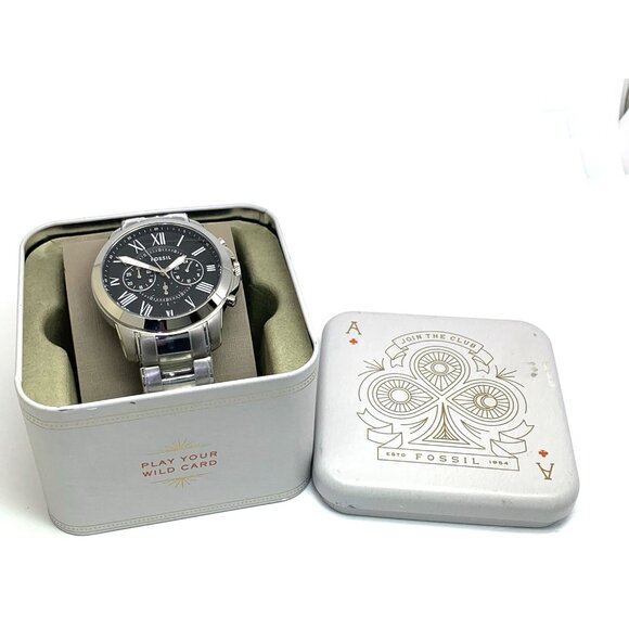 Fossil Men's Watch FS4736 Grant Quartz Chronograph Black Dial Silver Steel 44mm - Picture 3 of 13